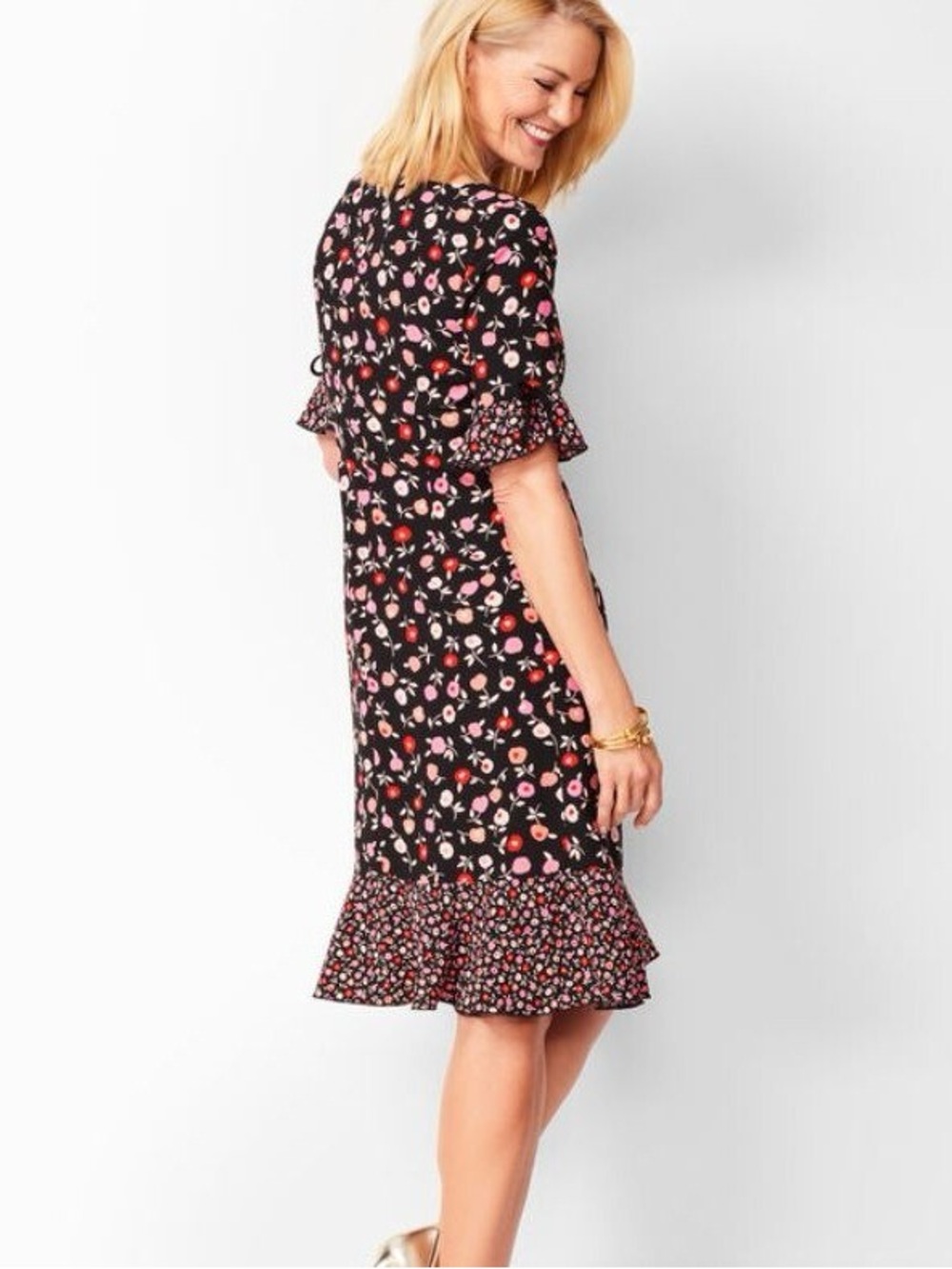 Talbots Floral Jewel-neck Shift Dress, size 14 , 100% polyester peplum hem